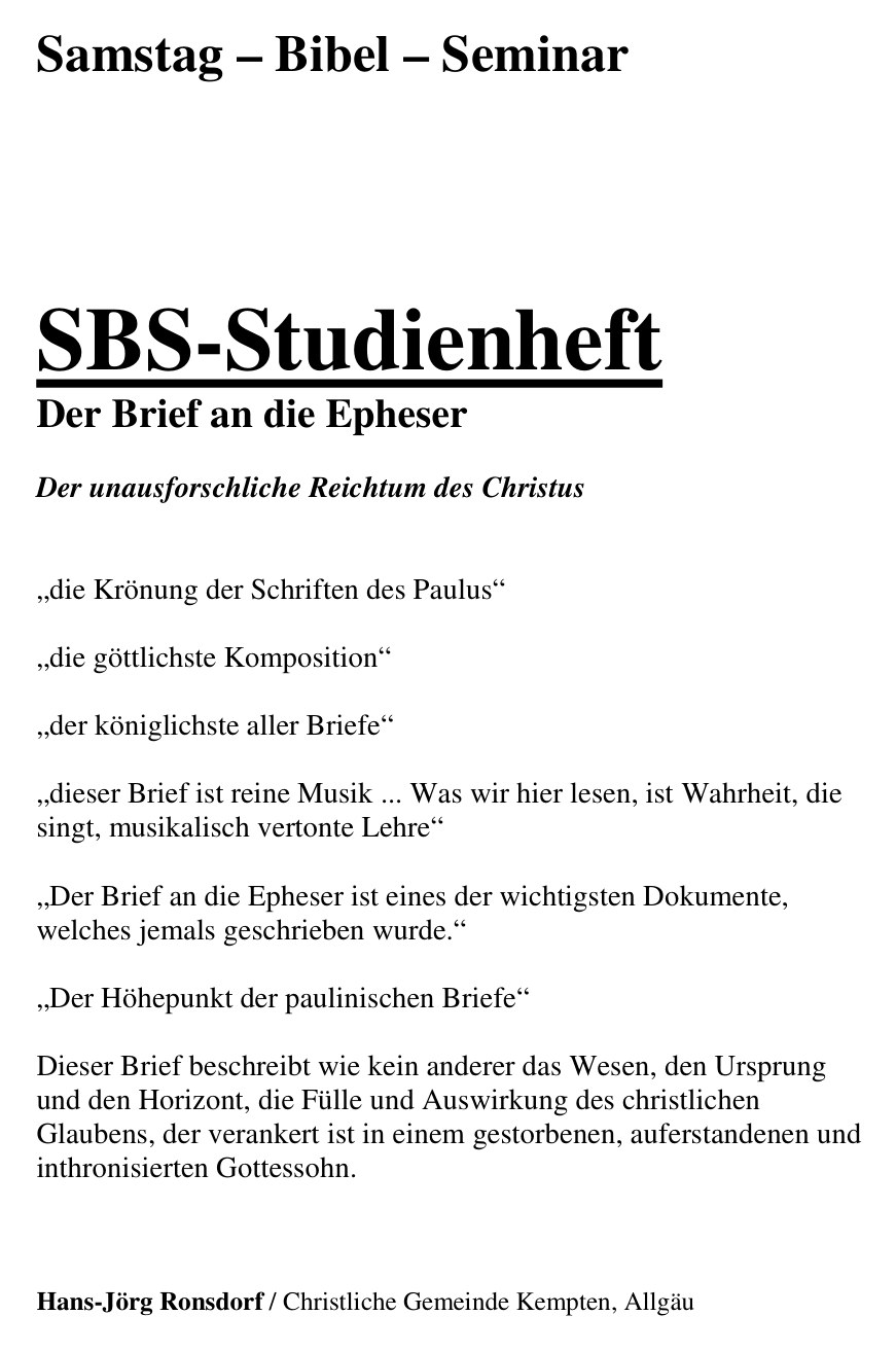Titelblatt: SBS-Studienheft zum Brief an die Epheser